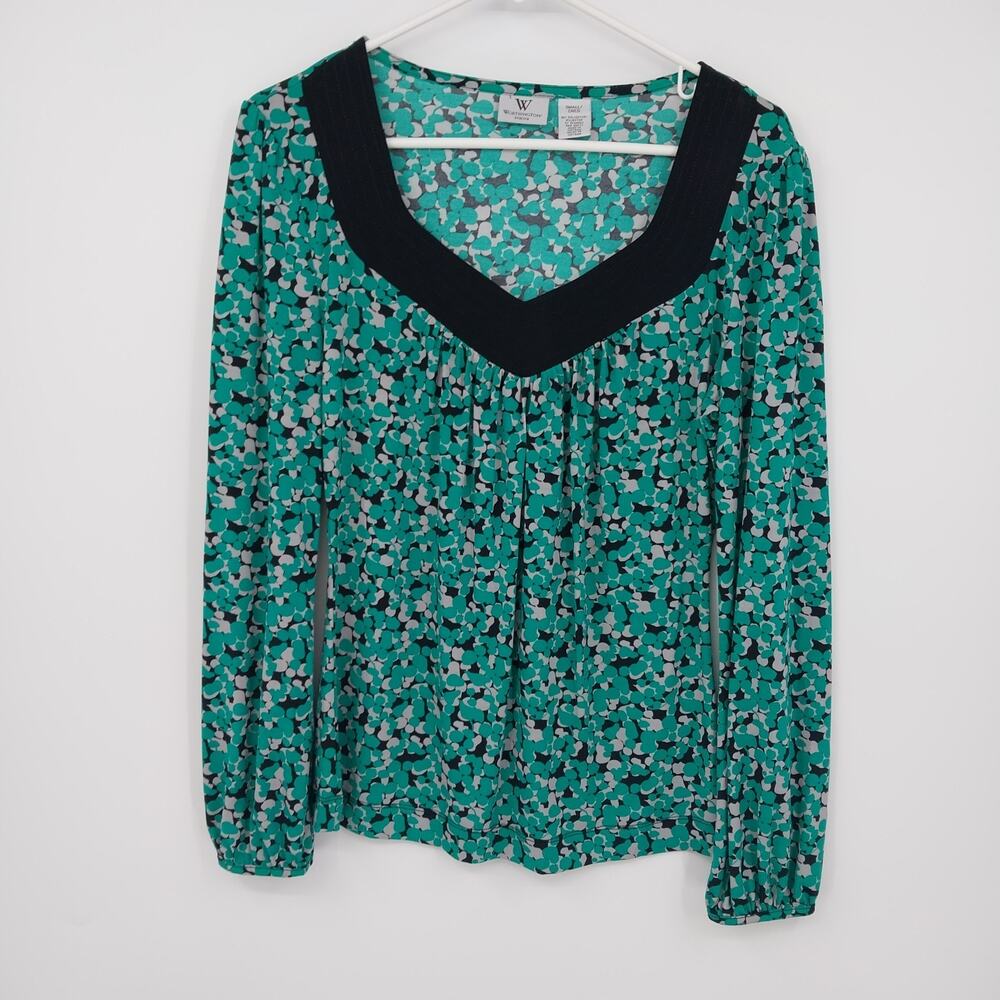 Worthington Stretch Green Abstract Print Blouse Women's Small V-Neck Long Sleeve